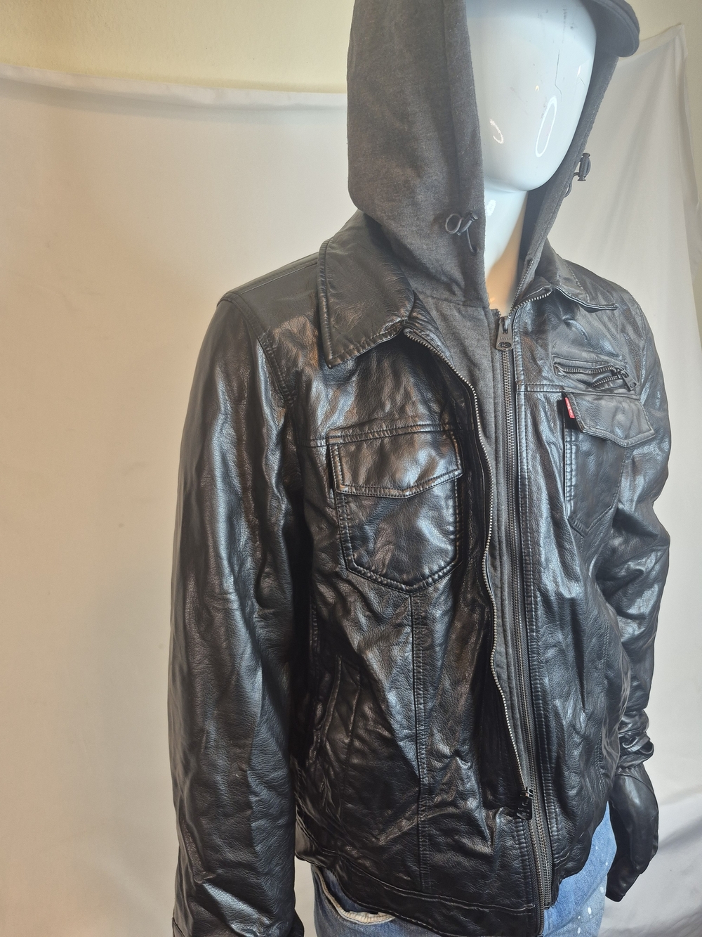 Levi's Black Leather Bomber Jacket with Hooded Insert